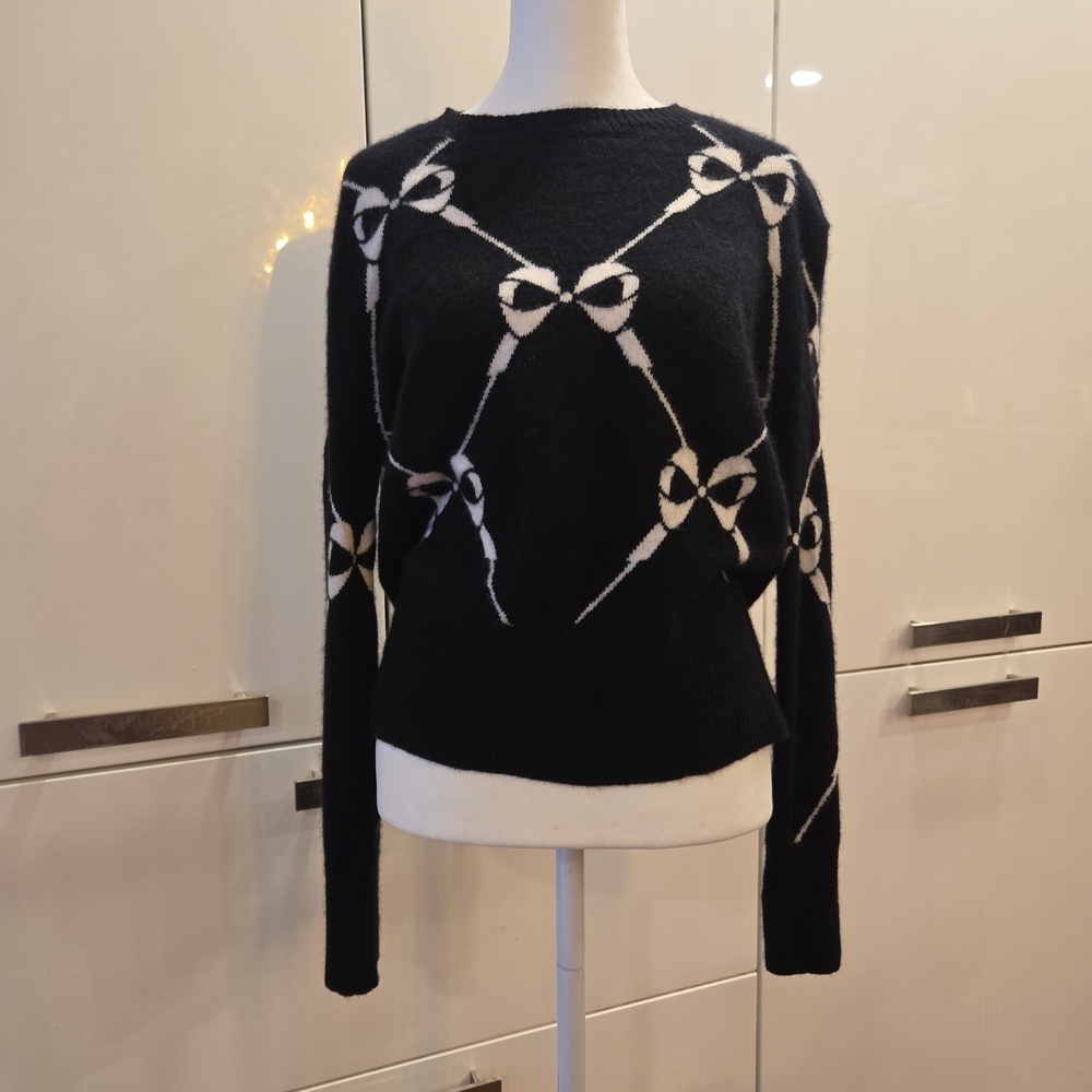 Aqua Cashmere Bow Intarsia Womens Crewneck Sweater Black Ivory Size XS